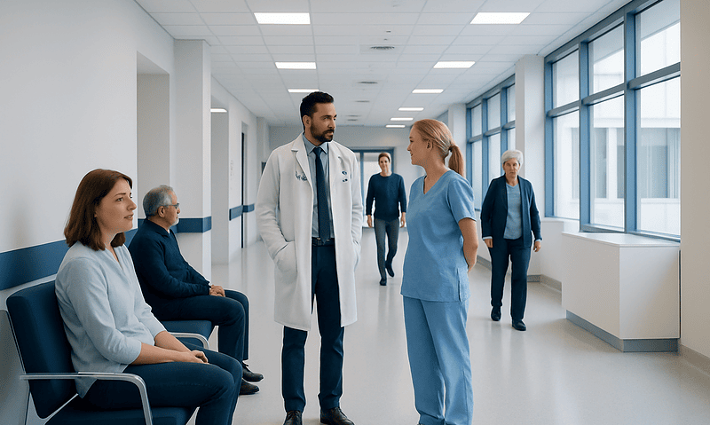 Medical professionals and patients in a hospital corridor at Acibadem Hospitals Group.