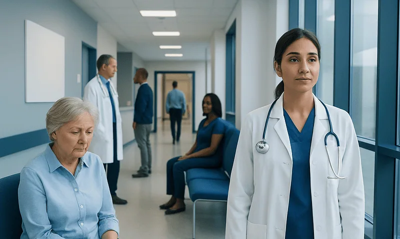Incontinence: An Evidence-Based Guide for Patients 18 Healthcare professionals and patients in a hospital corridor.