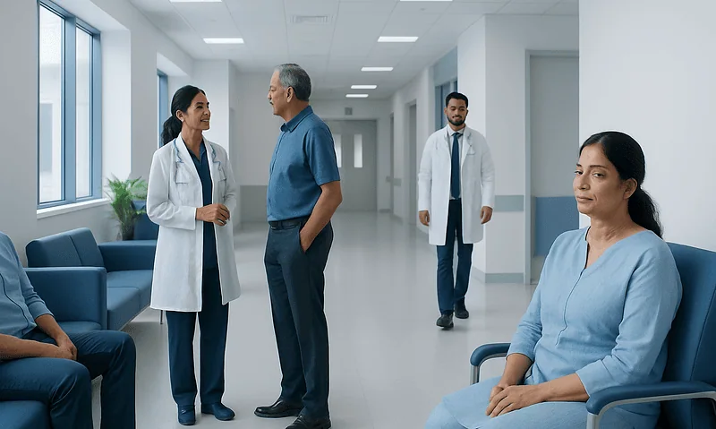 Medical team consulting with patient in hospital corridor at Acibadem Hospitals.