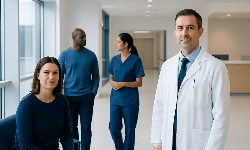 Medical team at Acibadem Hospital with doctor and patients in a modern clinic.