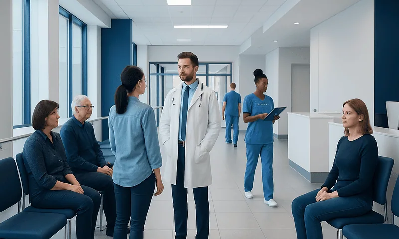 Medical consultation in a modern hospital corridor with healthcare professionals and patients.