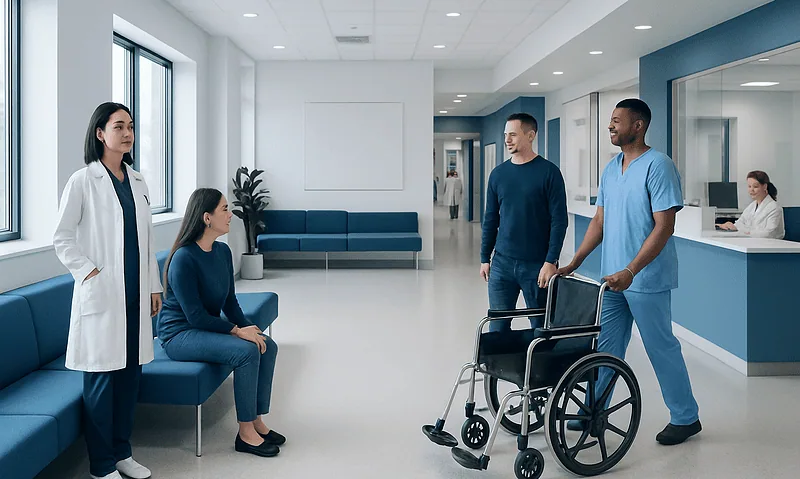 Hospital staff and patient in a modern healthcare facility.