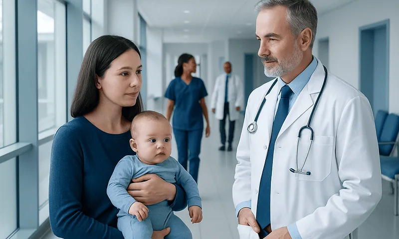 Doctor talking to mother and baby in hospital corridor.