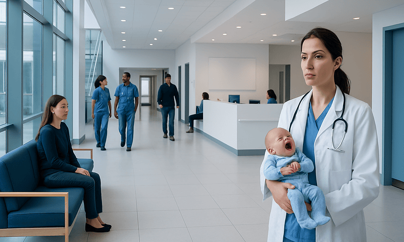 Healthcare professional holding a crying baby in a modern hospital lobby.