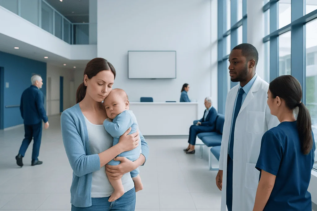 Infant Tylenol: An Evidence-Based Guide for Patients 1 Mother with baby in hospital lobby talking to healthcare professionals.