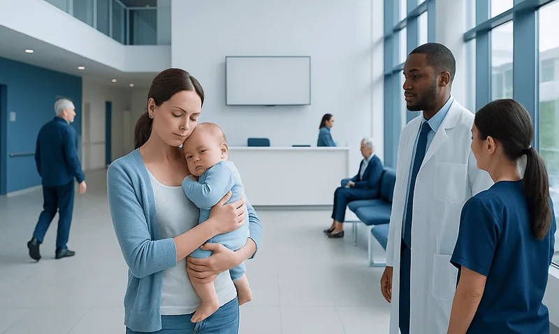 Mother with baby in hospital lobby talking to healthcare professionals.