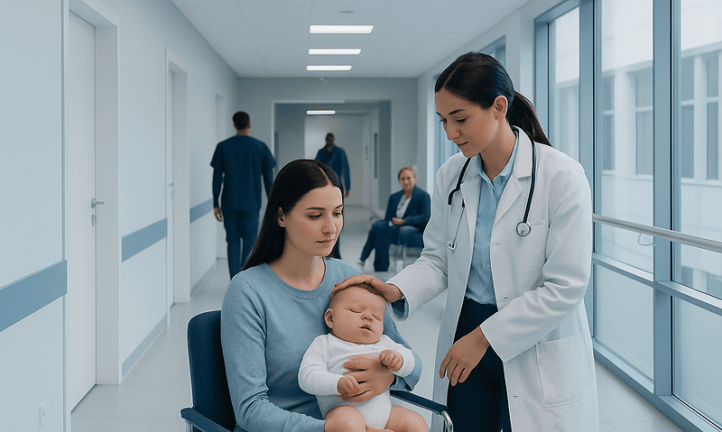 Pediatric patient with mother and doctor in hospital corridor.