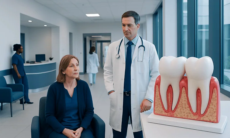 Dentist explaining gum health to a patient in a modern clinic.
