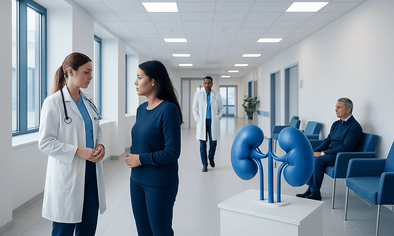 Medical professionals discussing in a hospital corridor with kidney model.