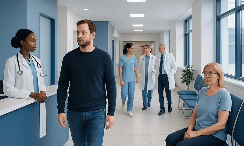 Hospital corridor with medical staff and patient in waiting area.