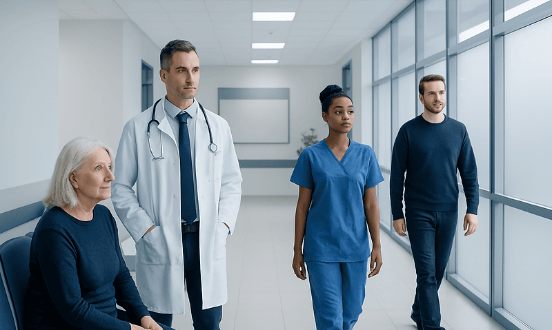 Medical team with patient in hospital corridor at Acibadem Hospitals Group.
