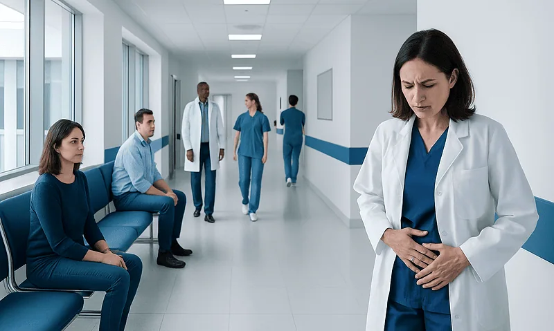 Doctor with abdominal pain in hospital corridor with patients waiting.