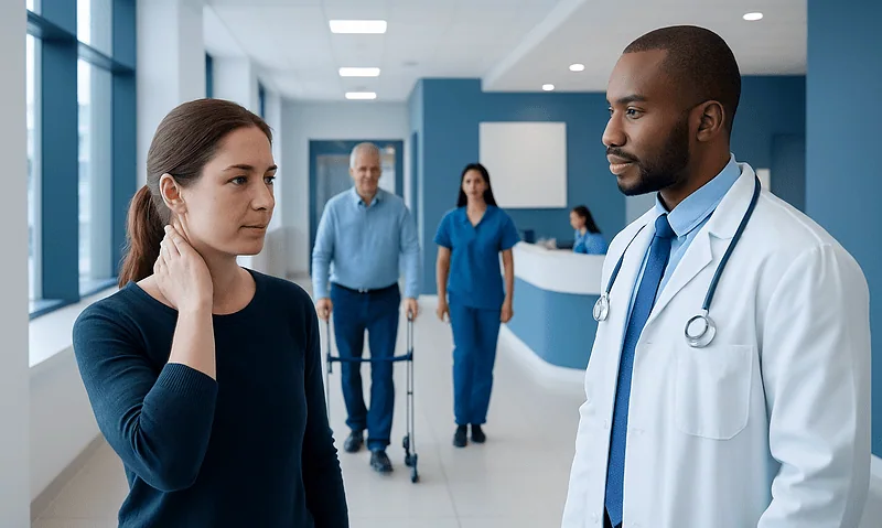 Doctor consulting a patient in a hospital corridor.