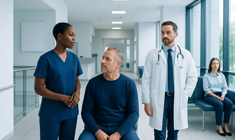 Medical team consulting patient in hospital corridor.