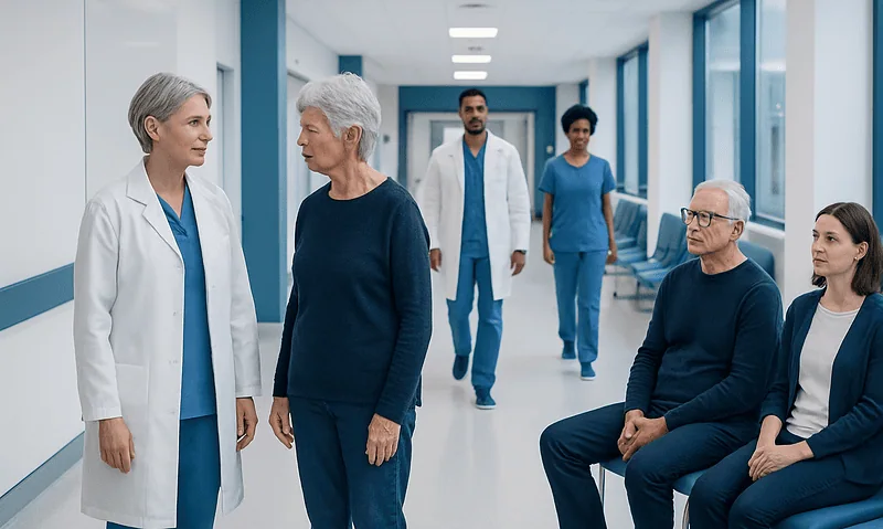 Patients and doctors in a hospital corridor engaging in conversation.