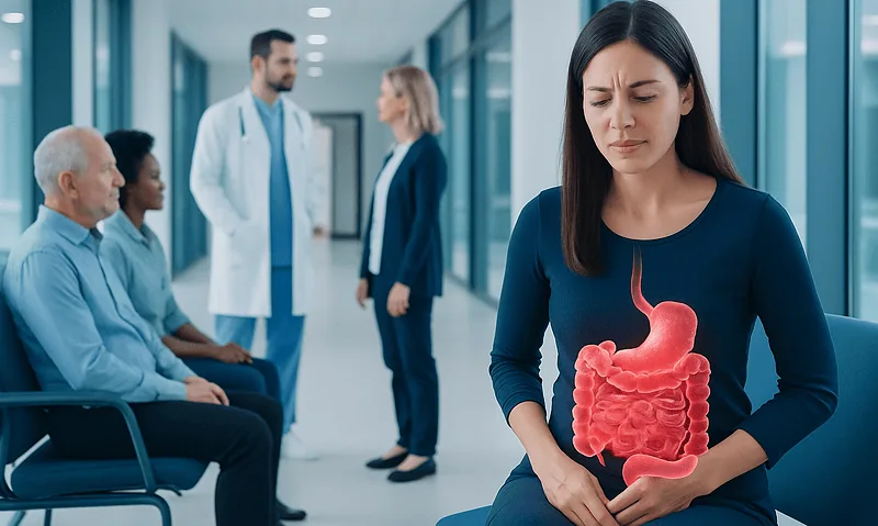 Woman with stomach pain holding a digital stomach illustration in a hospital corridor.