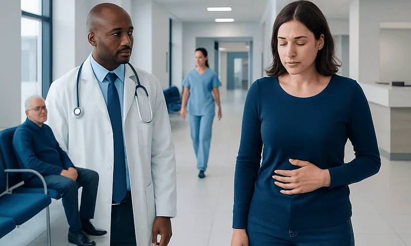 Woman experiencing abdominal pain in hospital corridor with medical staff nearby.