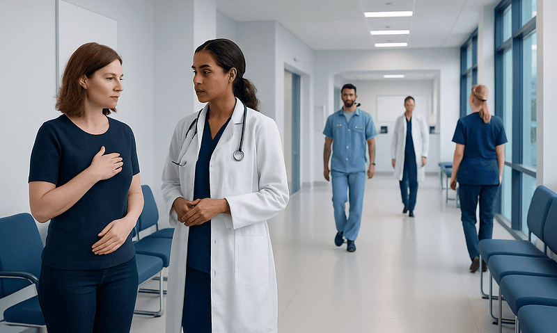 Doctor consulting a patient in a hospital corridor.