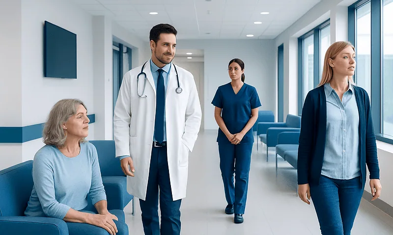 Inflammatory Polyarthropathy: Early Signs, Risk Factors, and How It Is Treated 4 Medical team consulting with elderly patient in hospital corridor.