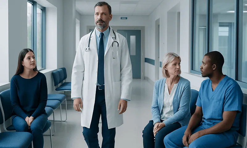 Doctor consulting with patients in hospital corridor.