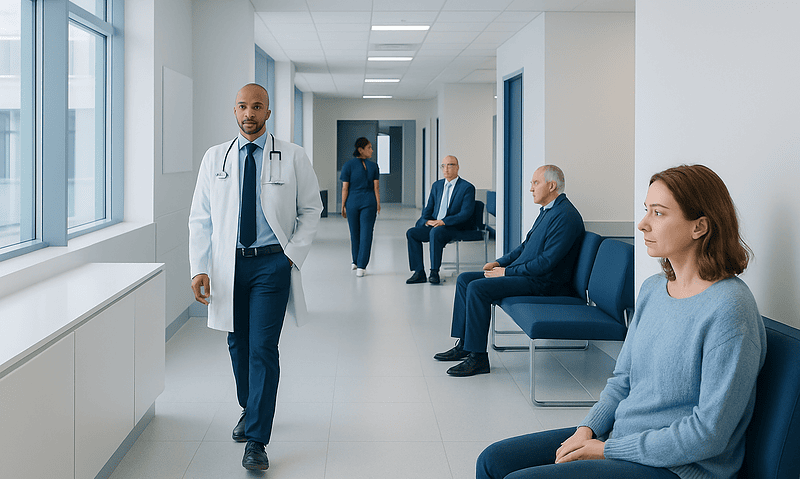 Medical professionals and patients in a hospital corridor at Acibadem Hospitals Group.