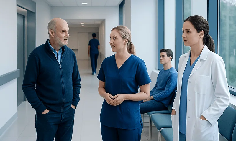 Medical staff and patient in hospital corridor at Acibadem Hospitals Group.