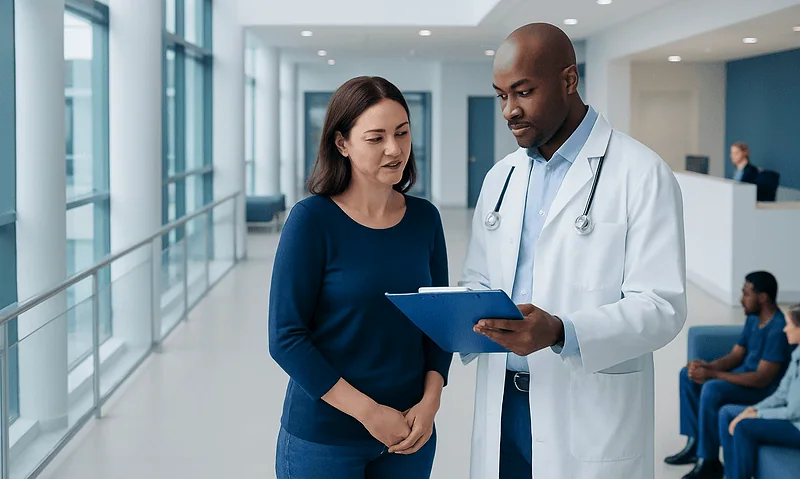 Doctor discussing patient care in hospital corridor.