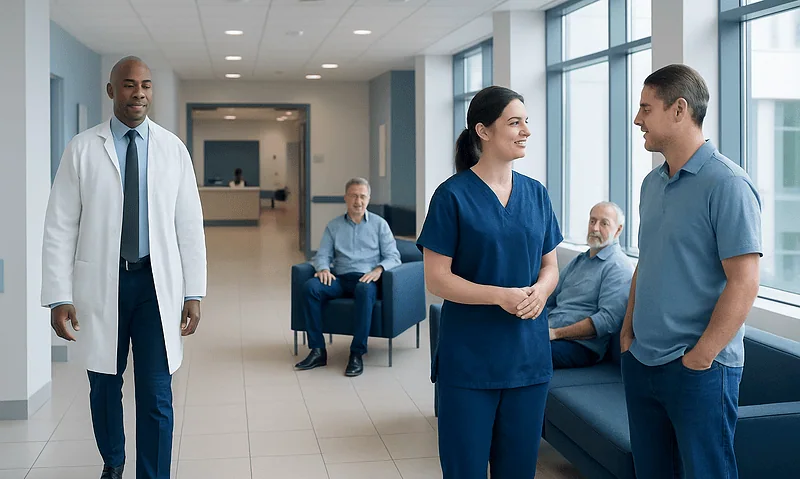 Healthcare professionals and patients in a hospital corridor.