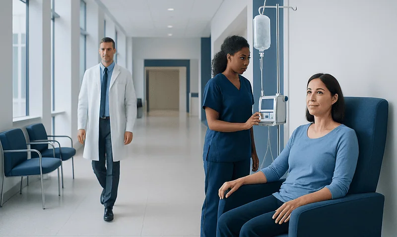 Patient receiving infusion therapy in a hospital setting with medical staff present.