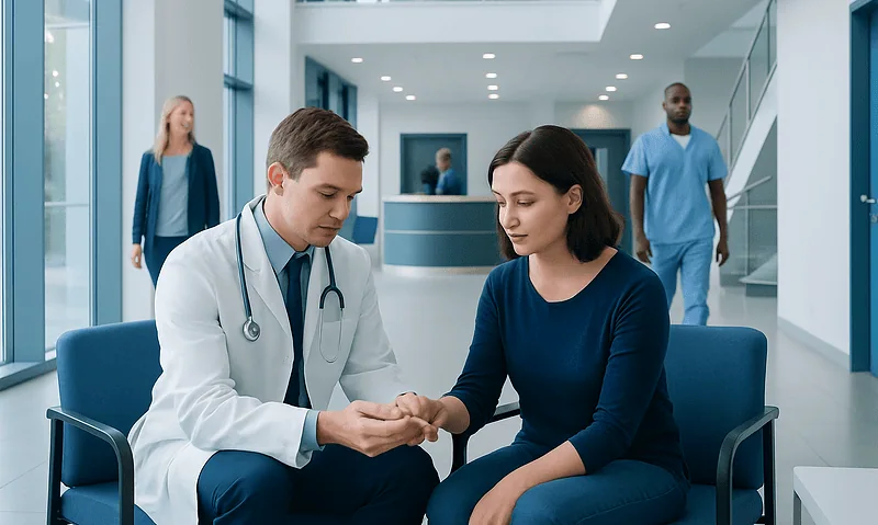 Doctor consulting with a patient in a modern hospital lobby.
