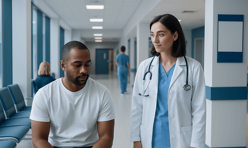 Doctor consulting with a male patient in a hospital corridor.