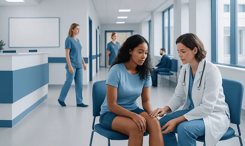 Doctor examining a young woman patient in a hospital corridor.
