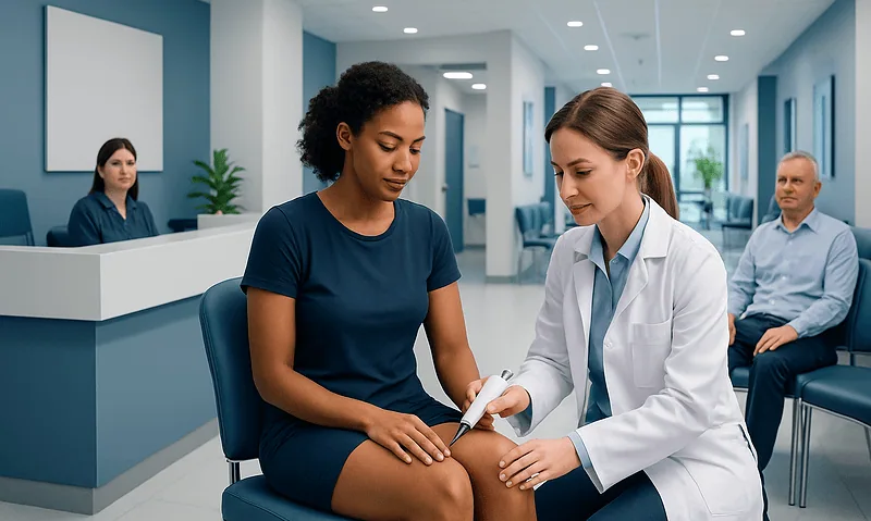 Medical professional examining a patient's leg in a modern clinic.