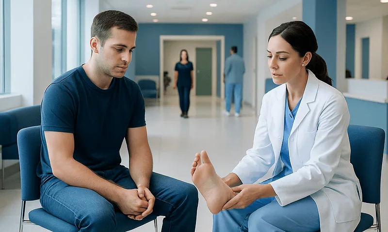 Doctor examining patient's foot in a hospital corridor.