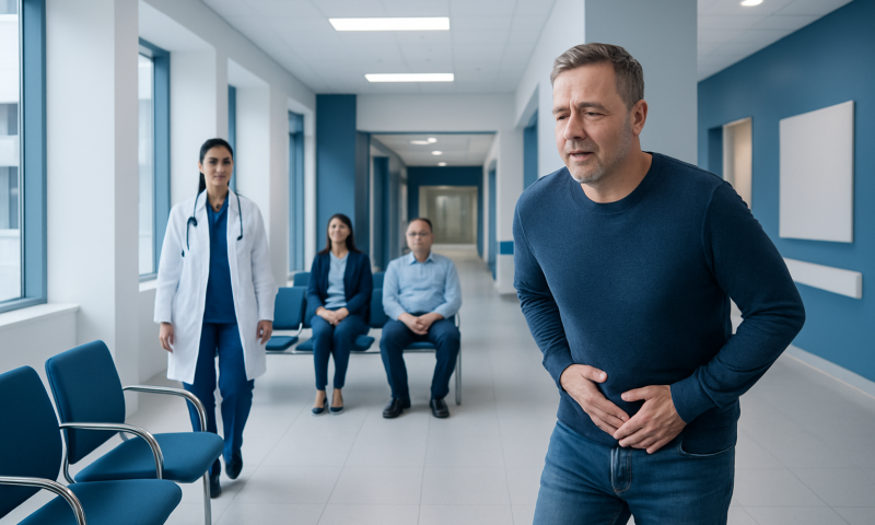 Man experiencing abdominal pain in a hospital corridor with medical staff nearby.
