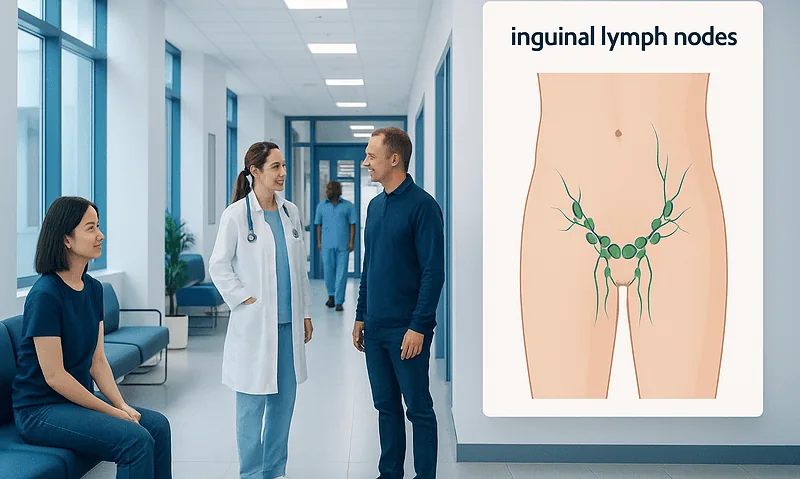 Medical consultation about inguinal lymph nodes in a hospital setting.