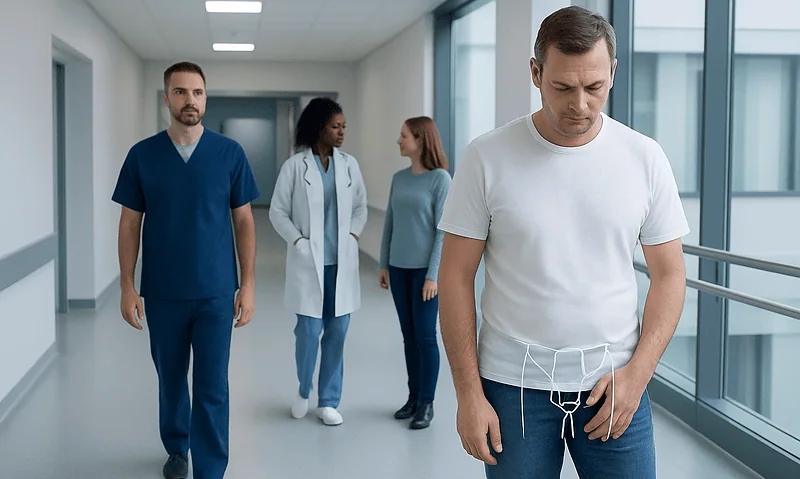 Inguinal: What Patients Need to Know 7 Man with inguinal hernia in hospital corridor, medical staff nearby.