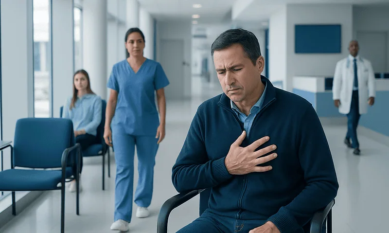 Man experiencing chest pain in hospital waiting area with medical staff nearby.