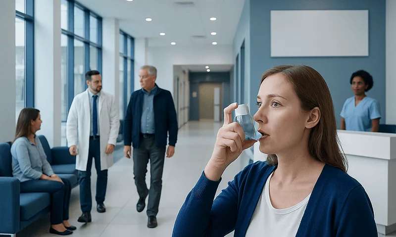 Woman using inhaler in hospital corridor with medical staff and patients.