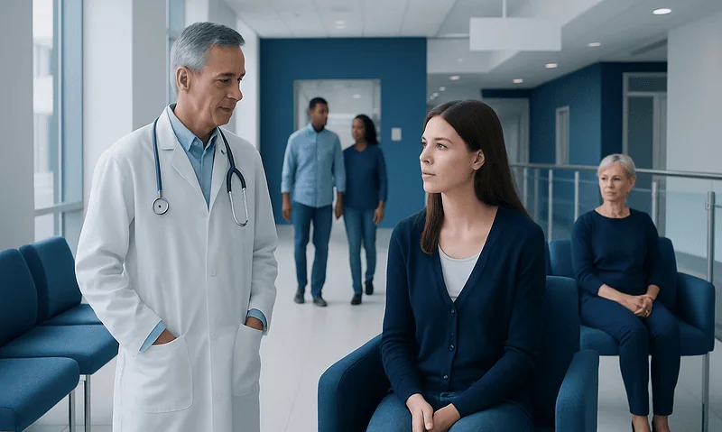 Doctor consulting a young woman in a hospital corridor.