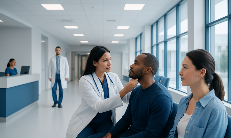 Doctor examining a patient's jawline in a hospital corridor.
