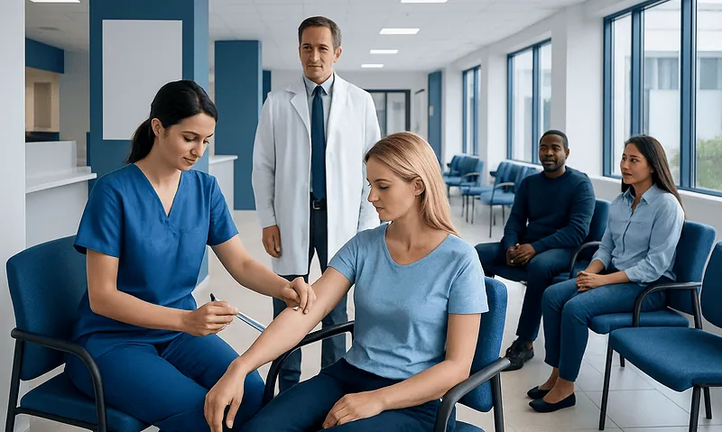 Medical professionals administering an injection to a patient in a hospital setting.