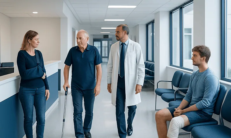 Medical consultation in hospital corridor with patient and doctors.
