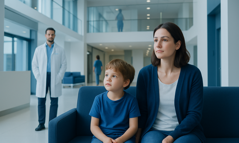 Child and mother waiting in hospital lobby with doctor in background.