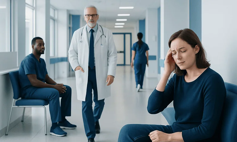 Inner Ear Infection Symptoms: Common Causes, Related Conditions, and When to See a Doctor 5 Patient with ear pain in hospital corridor with medical staff nearby.