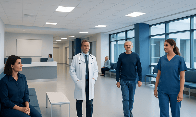 Medical team in hospital waiting area with doctor and nurses.