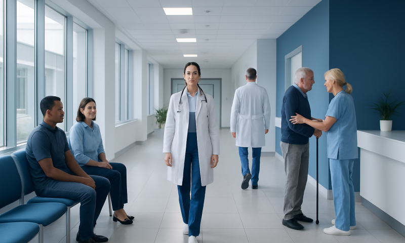 Medical team in a hospital corridor with patients and staff.
