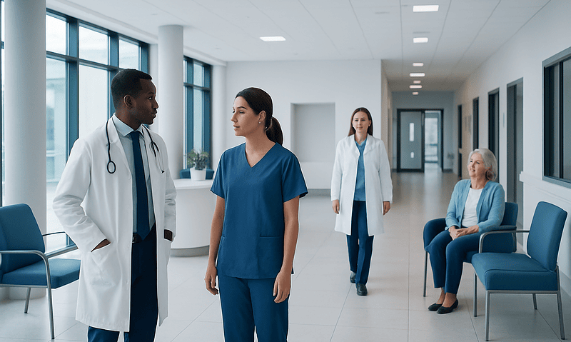 Medical team discussing patient care in hospital corridor.