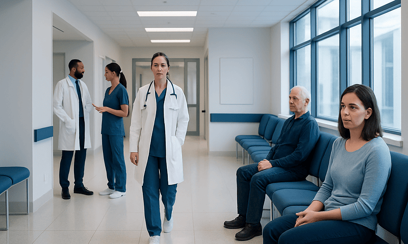 Medical staff and patients in a hospital corridor with large windows.