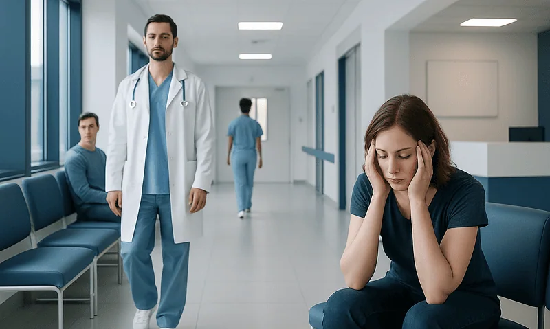 Patient experiencing sleep issues in a hospital waiting area.
